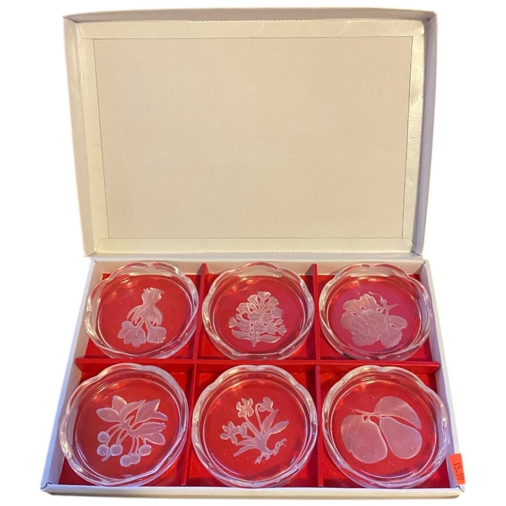 Vintage Byron Hirota Glass Etched coaster set of 6 in original box